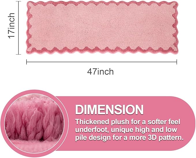 ORTIGIA Long Cute Scalloped Bathroom Rugs Runner, Fun Candy Pink Plush Microfiber Scallop Bath Mats Non Slip Washable Quick Dry Absorbent, Rug for Bathtub Sink Laundry Room Bedroom, 17x47