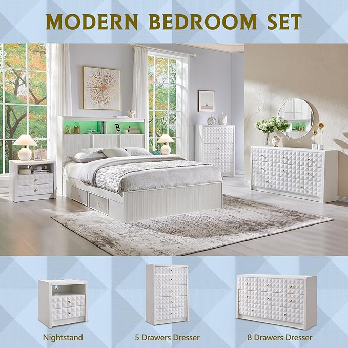 Modern 8 Drawer Dresser for Bedroom, Wooden Large Dressers &Chests of Drawers w/Two Different Drawer Sizes, Mid Century Modern Dresser w/Diamond Panel Decorate for Bedroom, Curved Profile Design,White