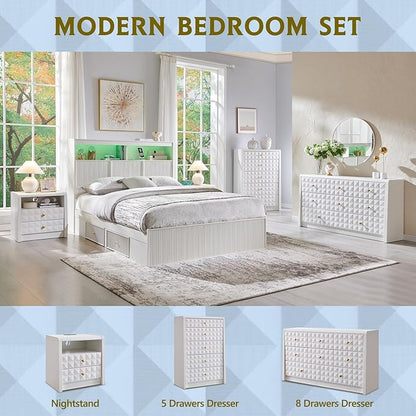 Modern 8 Drawer Dresser for Bedroom, Wooden Large Dressers &Chests of Drawers w/Two Different Drawer Sizes, Mid Century Modern Dresser w/Diamond Panel Decorate for Bedroom, Curved Profile Design,White