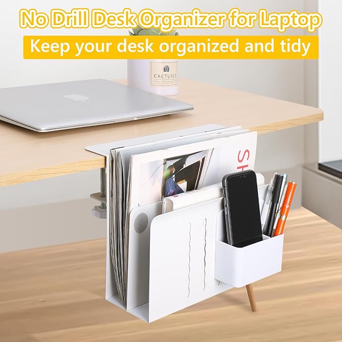 2 TIER Desk Side Storage Upgraded Under Desk Organizer, No Drill Hanging Laptop Holder Under Desk, Clamp-On Table Side Steel Desktop Organization for Office and Home (White)