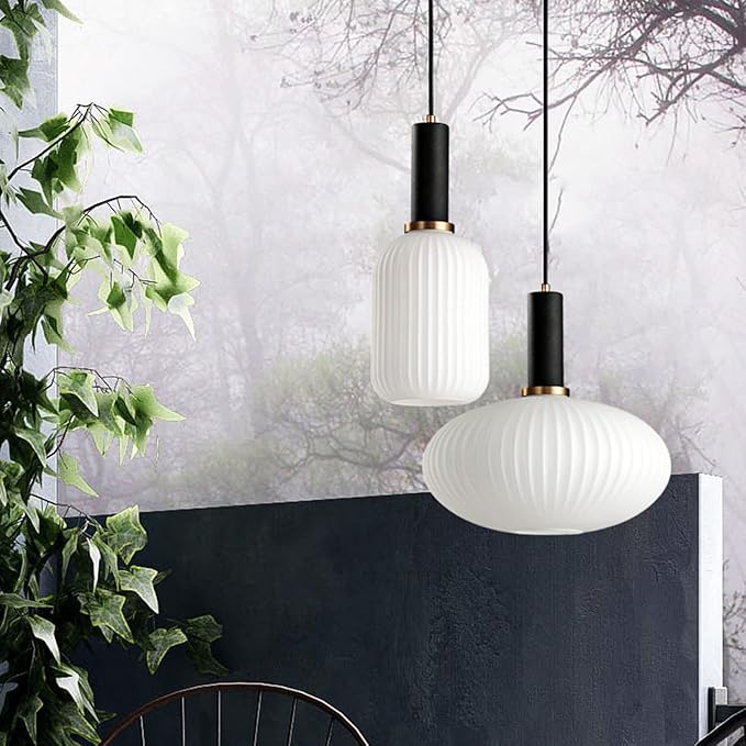 Modern Pendant Lights, Black Lamp Holder Pendant Light Socket White Glass Pendant Lamp Shade,LED Hanging Light (Black, Medium)