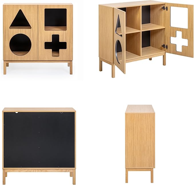 WERMO 37'' Showcase Display Cabinet with Geometric Cut-Out Doors - Modern Curio Cabinet for Dining Room, Living Room, Entryway. Trophy Case and Collectible Display Case Wood with Door & Storage Consoles (Oak)