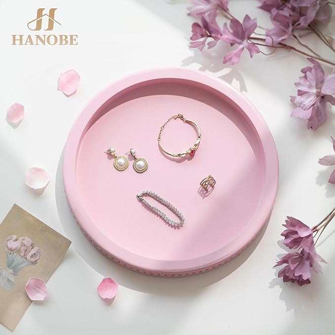 Hanobe Pink Tray Decorative Round: Beaded Perfume Trays Decor Circle Vanity Makeup Serving Tray for Ottoman Bathroom Counter