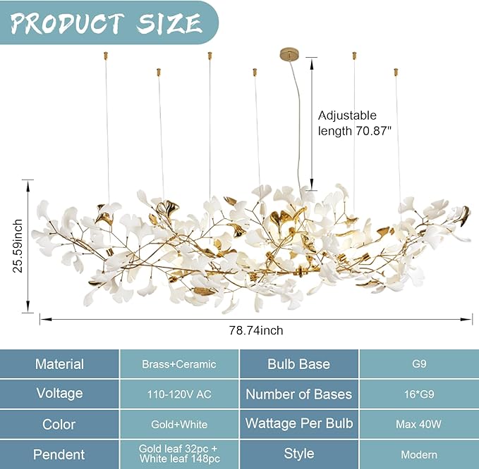 L79 Large Modern Chandelier, 16 Lights Gold Branch Chandeliers, Luxury Ceramic Ginkgo Ceiling Light Fixtures, Hanging Brass Chandelier for Dining Room Hotel Kitchen Island Living Room