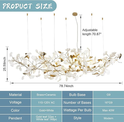 L79 Large Modern Chandelier, 16 Lights Gold Branch Chandeliers, Luxury Ceramic Ginkgo Ceiling Light Fixtures, Hanging Brass Chandelier for Dining Room Hotel Kitchen Island Living Room