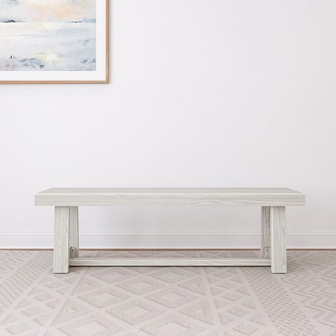 Plank+Beam 60 Inch Farmhouse Dining Bench, Solid Wood Entryway Bench, Wooden Outdoor Bench, Kitchen Dining Seat, Dining Room, Home Office, Living Room Furniture, Easy Assembly, White Sand Wirebrush