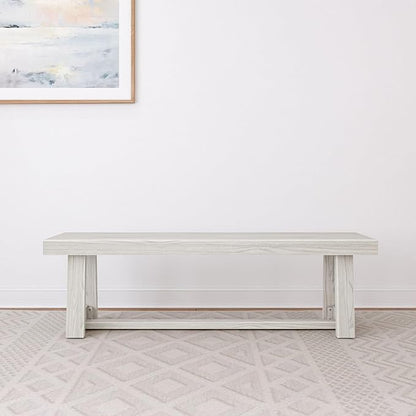 Plank+Beam 60 Inch Farmhouse Dining Bench, Solid Wood Entryway Bench, Wooden Outdoor Bench, Kitchen Dining Seat, Dining Room, Home Office, Living Room Furniture, Easy Assembly, White Sand Wirebrush