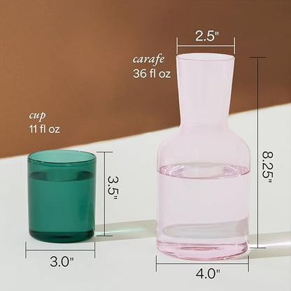 Glass Carafe and Cup Set | BPA Free, Dishwasher Safe, Durable & Lightweight | Ideal for Cold & Hot Beverages - Blush Pink & Pine