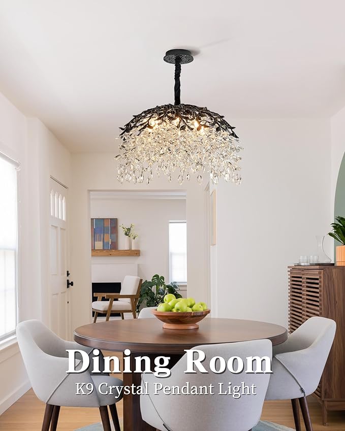 Modern Crystal Chandelier for Dining Room, 8-Light 23.62" Black Tree Branch Chandeliers, Luxury K9 Crystal Rectangular Chandeliers for Kitchen Island Living Room