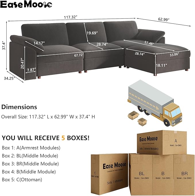 EASE MOOSE Oversized Modular Sectional Sofa, Extra Large L Shape Sectional Cloud Couch,Comfty Deep Modular Sofa with Ottoman，for Living Room,Dark Grey