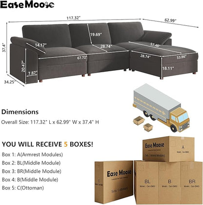 EASE MOOSE Oversized Modular Sectional Sofa, Extra Large L Shape Sectional Cloud Couch,Comfty Deep Modular Sofa with Ottoman，for Living Room,Dark Grey