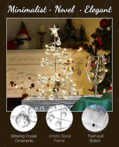 Lewondr Christmas Tree Lamp, 13 Inch Battery/USB Powered Crystal Spiral Christmas Tree Lava Lamp with Star Topper, Xmas Tree Light with Metal Stand Acrylic Balls for Home Bedroom Xmas, Silver