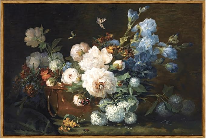 ARPEOTCY Vintage Framed Canvas Wall Art, Bathroom Hydrangea Peonies Floral Pictures Retro Wall Decor, Large Prints, Bedroom Living Room Flower Paintings Farmhouse Moody Home Decorations, 24x36 Inch