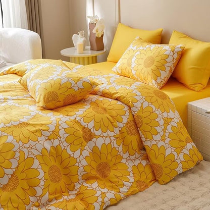 CLOTHKNOW Yellow Sunflower Comforter Set California King Yellow White Bedding Comforter Sets Light Yellow Comforter Yellow Flower Comforter Lightweight