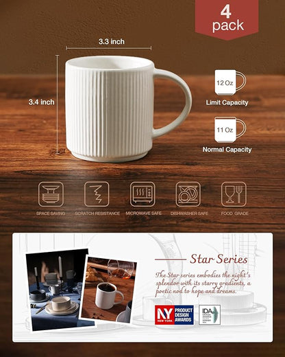 famiware Coffee Mug Set for 4, Star 12 oz Catering Mugs Cup Set with Handle for Coffee, Tea, Cocoa, Milk - Ceramic Stoneware Drinkware Set, Matte White