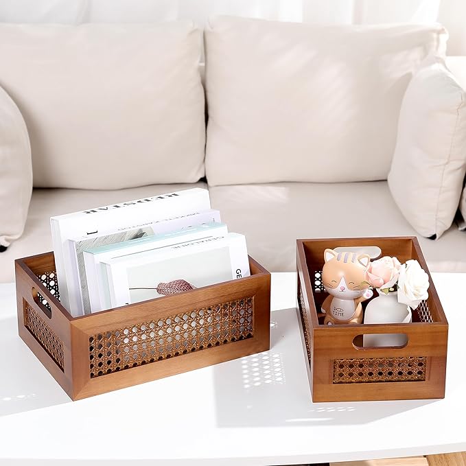 Wooden Storage Basket Set of 4 Handmade Rattan Drawer Storage Box with Frame & Handles Decorative Natural Bamboo Woven Bins Rustic Farmhouse Decor Home Office Tabletop Shelf Organizer