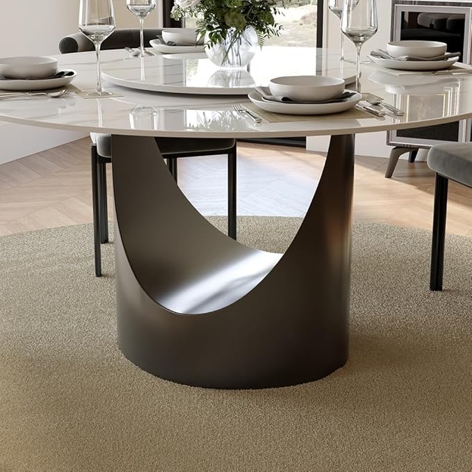 POVISON Round Dining Table for 4, 47" Glossy White Sintered Stone Tabletop Dining Table with 23" Lasy Susan, Grey Carbon Steel Pedestal, Modern Dining Room Table (Table Only)