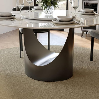 POVISON Round Dining Table for 4, 47" Glossy White Sintered Stone Tabletop Dining Table with 23" Lasy Susan, Grey Carbon Steel Pedestal, Modern Dining Room Table (Table Only)