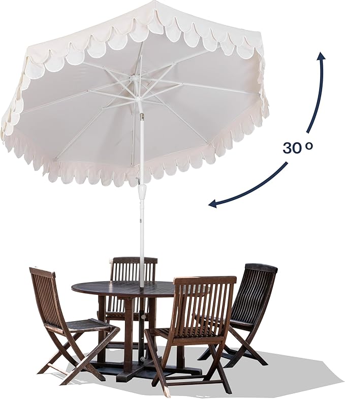 JONATHAN Y UMB1002C Tracy 9 ft. Classic MidCentury Scalloped Fringe Market Patio Umbrella with Auto-Tilt, Crank, Wind Vent and UV Protection in Cream/White