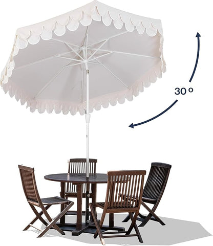 JONATHAN Y UMB1002C Tracy 9 ft. Classic MidCentury Scalloped Fringe Market Patio Umbrella with Auto-Tilt, Crank, Wind Vent and UV Protection in Cream/White