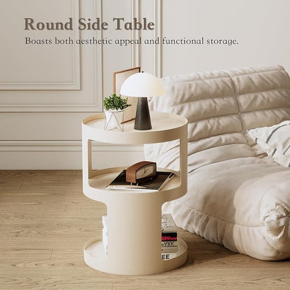 XIV Side Table, Round End Table, Modern Nightstand, Metal Accent Table, Small Bed Side Table for Living Room Bedroom, Bedside Table, Night Stand, No Assembly Required (Off White, Round)