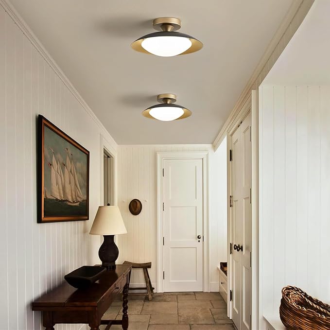 Dimmable Small Mid Century Modern Flush Mount Ceiling Light with Acrylic Shade,Black and Gold LED Ceiling Lights,5CCT 2700K-6000K Light Fxiture for Hallway Entryway Bedroom Kitchen Laundry Room 11.8in