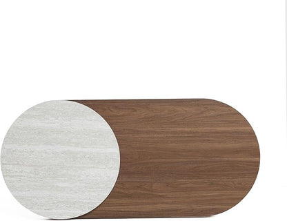 LuxenHome Oval Coffee Table, 47'' Mid Century Modern Walnut Finish Coffee Table for Living Room, Home Or Office, Farmhouse Travertine-Style Unique Wood Accent Center Tables for Small Space