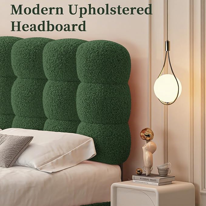BarnFurin Queen Bed Frame with Upholstered Headboard, Teddy Soft Boucle Fabric, Platform Bed with Strong Wooden Slats Support, Two Bed Forms Design, No Boxing Spring Needed, Easy Assembly, Green