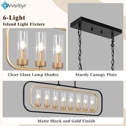 Dining Room Light Fixture, 8 Lights Modern Farmhouse Chandelier Kitchen Island Lights Black and Gold Linear Chandeliers for Dining Room, 46" Large Pendant Lights with Clear Glass