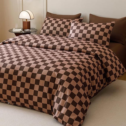 CLOTHKNOW Brown Plaid California King Comforter Set 3Pcs Grid Bedding Comforter Sets Checkered Comforter Soft Geometric Comforter with 2 x Pillow Cases