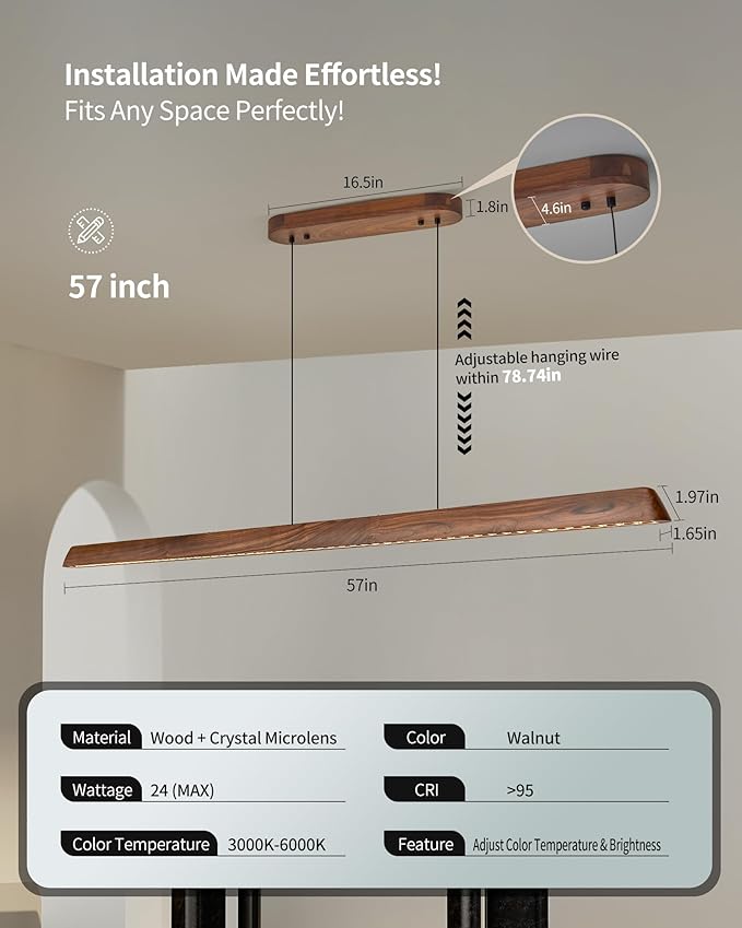 59" Wood Linear Pendant Light, Dimmable Kitchen Island Lighting with Remote, 30W LED Island Lights for Kitchen, Adjustable Linear Chandelier for Dinning Room Light Fixture, Bar, Pool Table Light