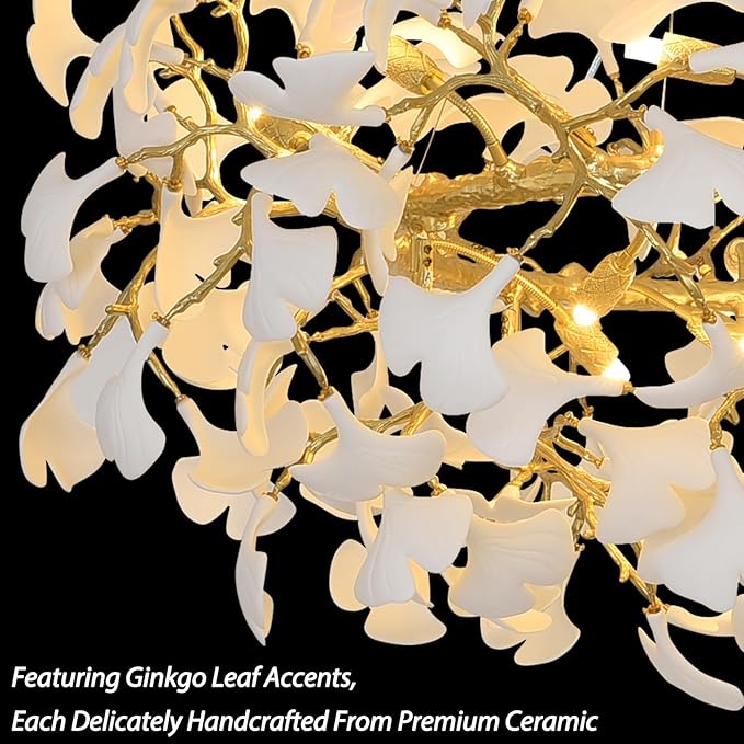 Modern Gold and White Tree Branches Chandeliers for Living Room, 48''Modern Rounde Ceramic Ginkgo Leaf Chandelier, Dining Room Chandelier Over Table, for Foyer, Bathroom, Bedroom
