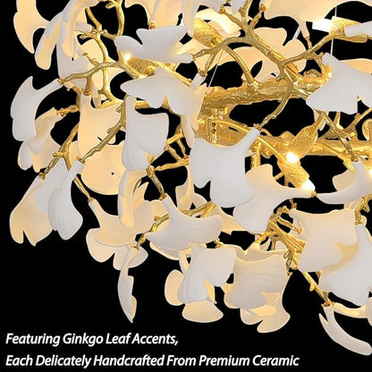 Modern Gold and White Tree Branches Chandeliers for Living Room, 48''Modern Rounde Ceramic Ginkgo Leaf Chandelier, Dining Room Chandelier Over Table, for Foyer, Bathroom, Bedroom