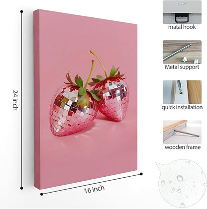 APJYM Funky Red Strawberry Wall Art, Trendy Retro Y2K Disco Ball Strawberry Canvas Wall Art, Aesthetic Posters for Girls Bedroom, Pink Room Decor Y2K, Preppy Room Decor, 16x24 Inches Framed