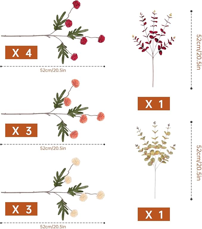 Fall Faux Kiku Flowers 10 Stems & 2 Eucalyptus,Fake Mums Flower Plants Artificial Chrysanthemums Mini Ball Floral for Table Centerpieces,Silk Fall Faux Mums Flower for Vase Wedding Arrangements Decor