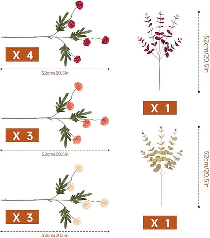 Fall Faux Kiku Flowers 10 Stems & 2 Eucalyptus,Fake Mums Flower Plants Artificial Chrysanthemums Mini Ball Floral for Table Centerpieces,Silk Fall Faux Mums Flower for Vase Wedding Arrangements Decor