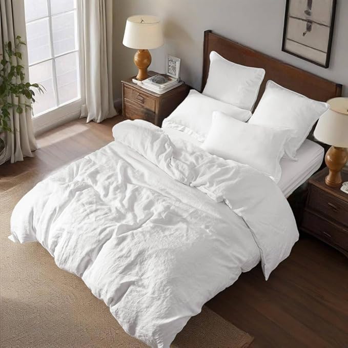 Simple&Opulence 100% Linen Duvet Cover Set, 3 PCS Natural French Flax White Duvet Cover King Size, Breathable Soft Comfy Linen Bedding Comforter Cover with 2 Pillowcases(White, 104"x92")