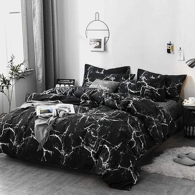 Pureant Black Marble Comforter Sets Queen Black and White Marble Bedding Comforters Cotton Women Men Modern Aesthetic Black Quilt Comforter Set Queen Size Abstract Black Marble Blankets Queen Bedding