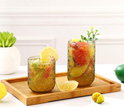 Green Drinking Glasses Set of 12, 12 Oz Highball & 10 Oz Cocktail Glasses, Green Kitchen Vintage Glassware Set, Floral Embossed Glass Tumbler Cups for Water, Beer, Juice, Whiskey, Coffee