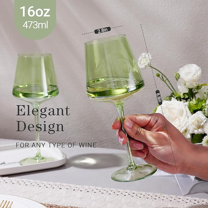 Physkoa Green Wine Glasses Set - 6-16oz Modern Colored Glassware With Tall Long Stem and Flat Bottom for Spring Home Party