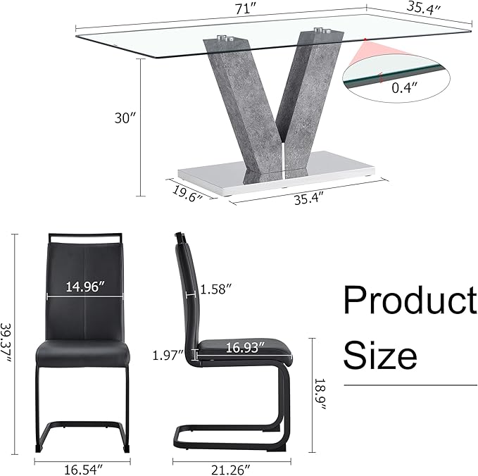 71" Glass Dining Table Set for 6, Kitchen Table and 6 PU Leather Chairs, Dining Table Set Ideal for Living Room