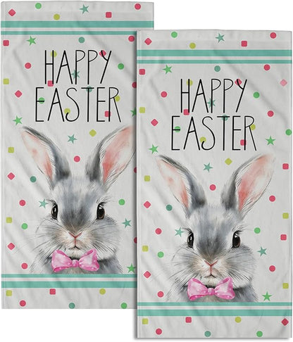 Easter Rabbit Dish Towels 2 Pack Blue Bunny Holiday Finger Tip Towels 14x28