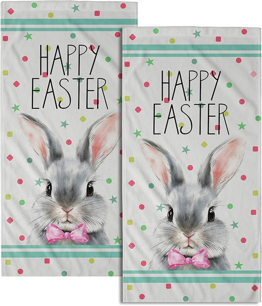 Easter Rabbit Dish Towels 2 Pack Blue Bunny Holiday Finger Tip Towels 14x28