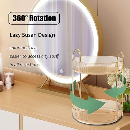 Rotating Makeup Organizer Countertop 2 Tier Lazy Susan Clear Skincare Perfume Storage for Bathroom Counter Vanity, Amber Gold