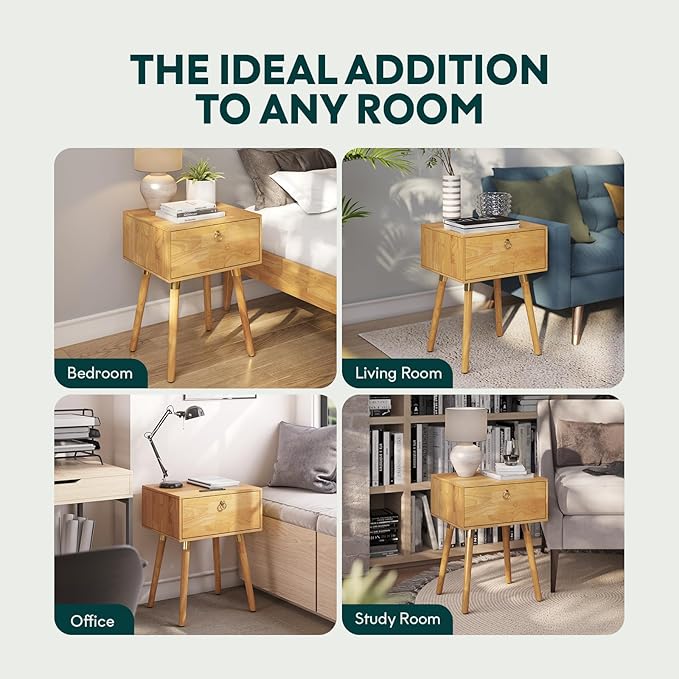 Bme Alden Wood Nightstand, Solid Wood End Table, Mid Century Modern Nightstand, Side Table with 1 Drawer, Compact for Bedroom, Living Room & Study Room, Easy Assembly, Light Natural