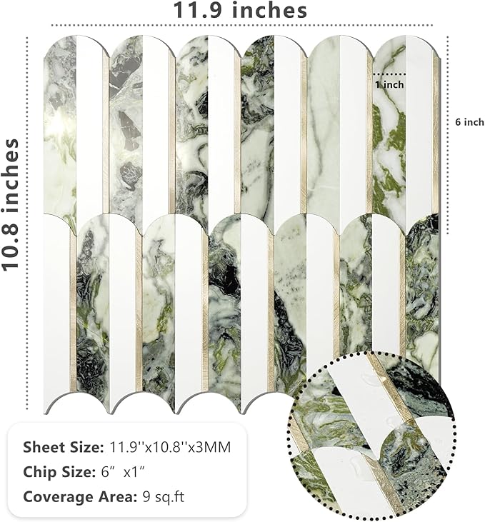 Vamos Tile Peel and Stick Backsplash Seamless Tile,10-Sheets Stick on Backsplash for Kitchen and Bathroom, Pure White+Ice Green Marble+Light Gold PVC Self Adhesive Mosaic Tiles