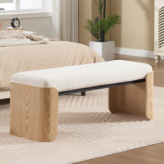 DUOMAY Modern Chenille Bedroom Bench, 49" Wide Long Entryway Bench with Solid Wood Legs Upholstered Dining Bench Ottoman for Living Room Indoor, White