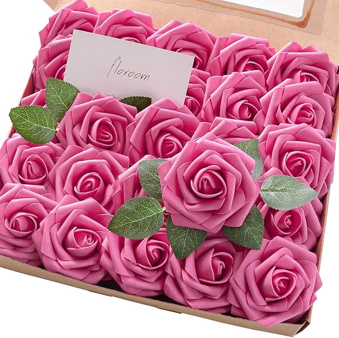 Floroom Artificial Flowers 50pcs Real Looking Hot Pink Foam Fake Roses with Stems for DIY Wedding Bouquets Baby Shower Centerpieces Floral Arrangements Party Tables Home Decorations