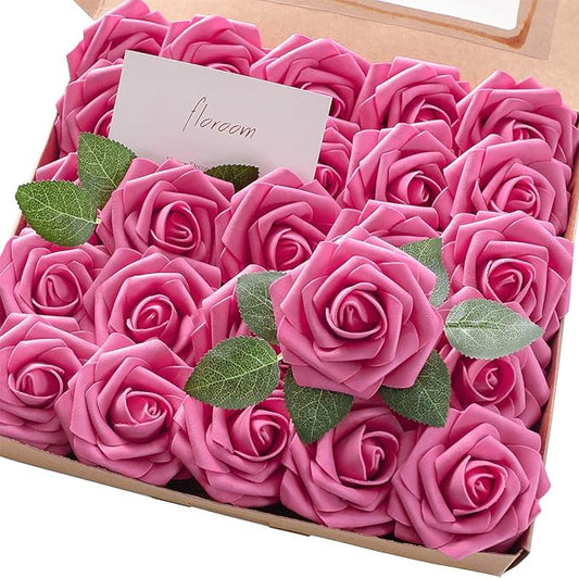 Floroom Artificial Flowers 50pcs Real Looking Hot Pink Foam Fake Roses with Stems for DIY Wedding Bouquets Baby Shower Centerpieces Floral Arrangements Party Tables Home Decorations