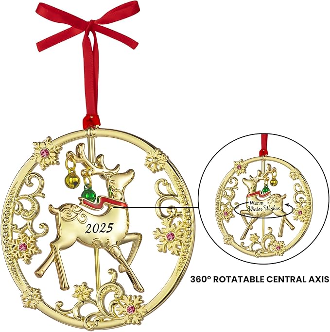 Christmas Tree - 2025 Rotation Reindeer Hanging Ornaments Pendant of Car Charm Holiday Keepsake Gift Home Decor (Reindeer Gold (2025))